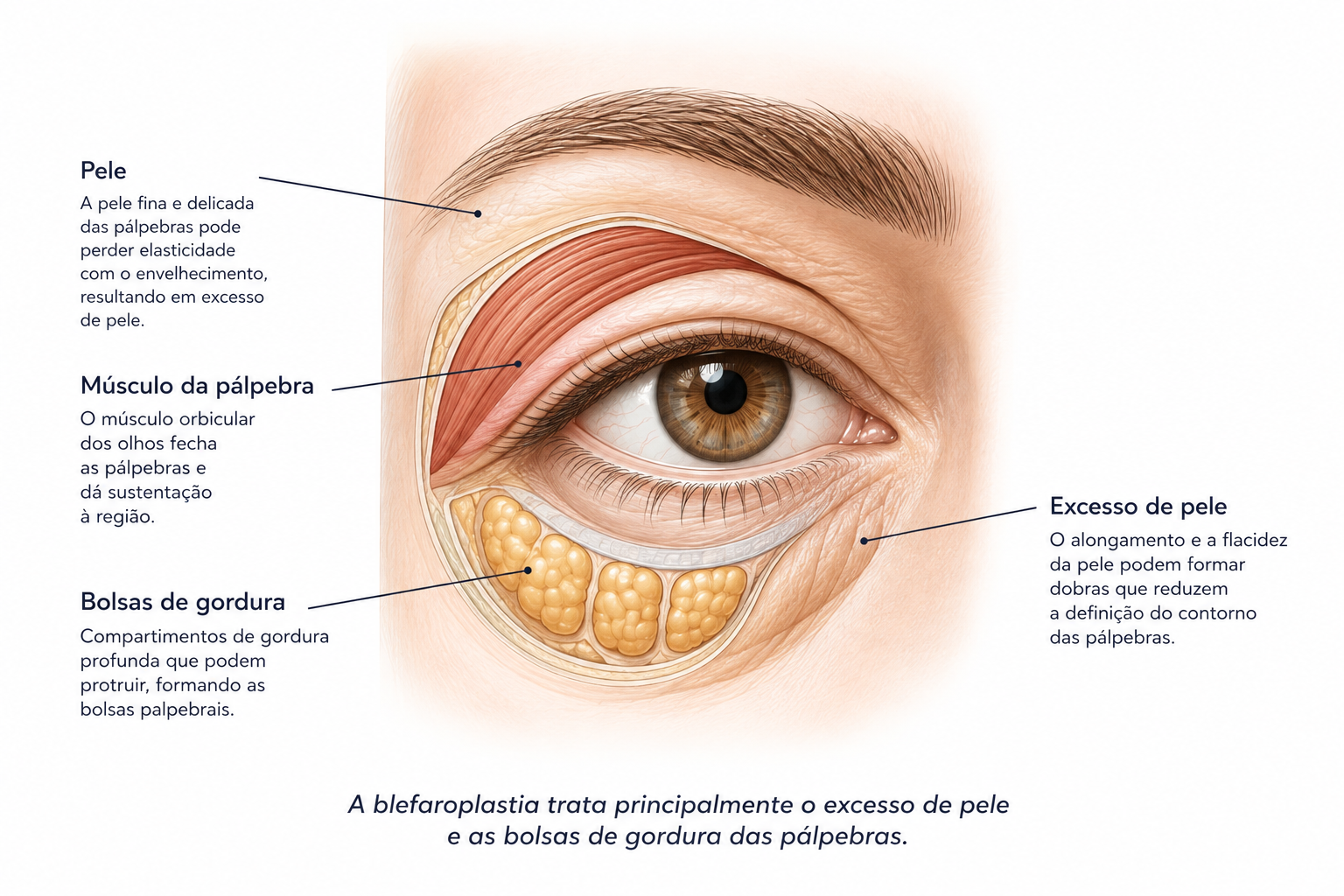 Ilustração anatômica das pálpebras mostrando pele, músculo e bolsas de gordura.