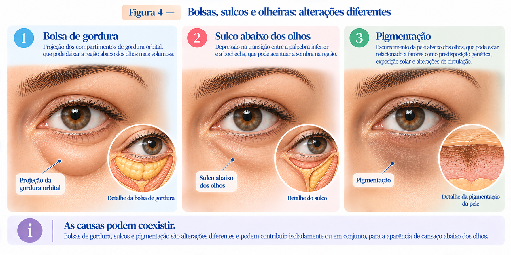 Ilustração comparando bolsas de gordura, sulco abaixo dos olhos e pigmentação como diferentes causas da aparência das olheiras.