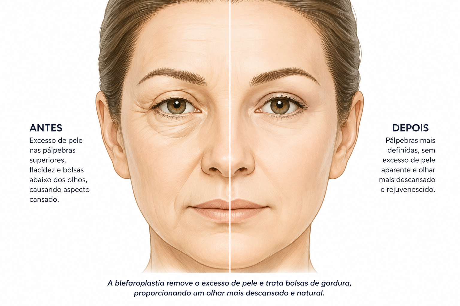 Ilustração mostrando o aspecto das pálpebras antes e depois da blefaroplastia.