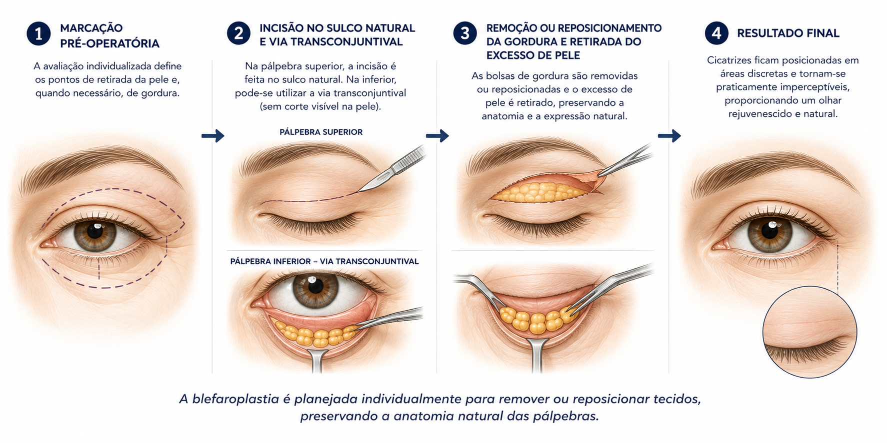 Infográfico mostrando as principais etapas da cirurgia de blefaroplastia.