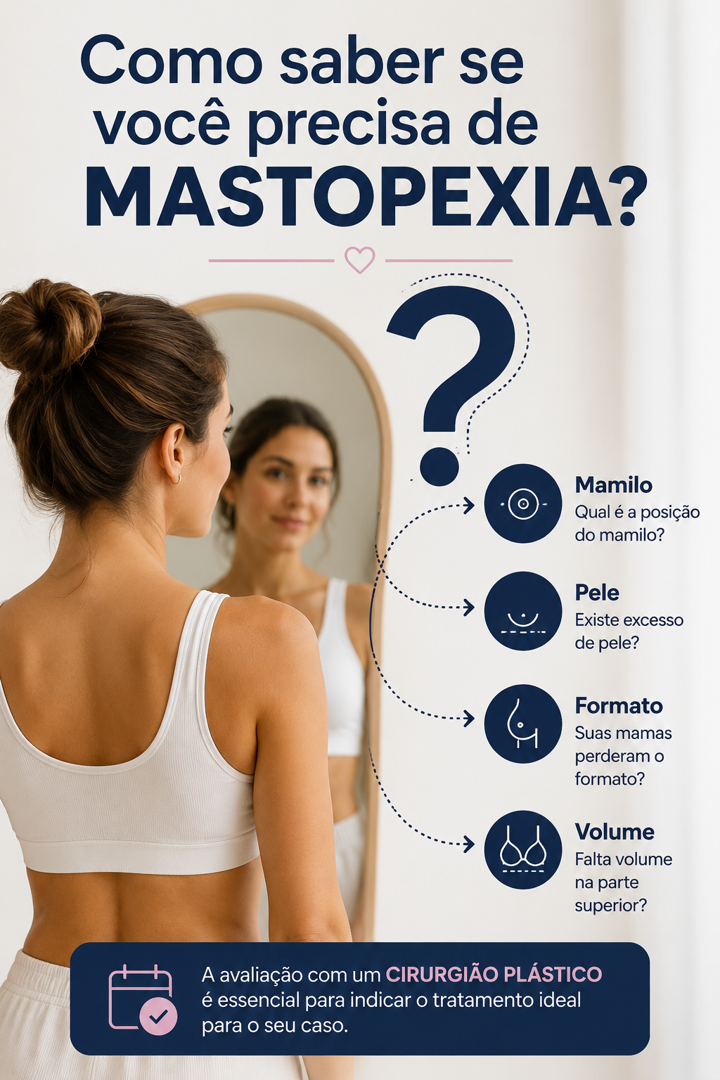 Mulher observando as mamas no espelho com infográfico mostrando os principais sinais para saber se precisa de mastopexia, como posição do mamilo, excesso de pele, formato e volume.