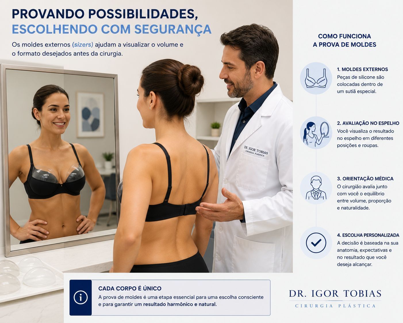 Paciente utilizando moldes de próteses de silicone durante consulta pré-operatória.
