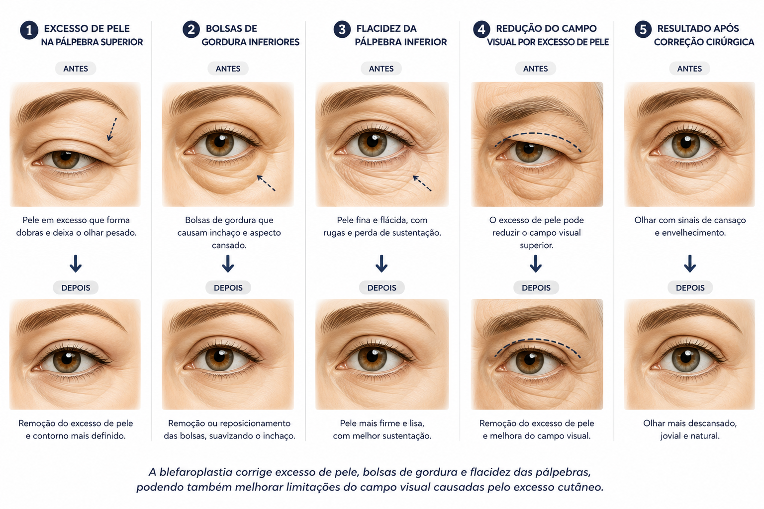 Infográfico ilustrando os principais problemas tratados pela blefaroplastia.