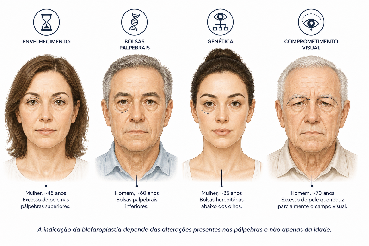 Ilustração mostrando diferentes perfis de pacientes que podem ter indicação para blefaroplastia.