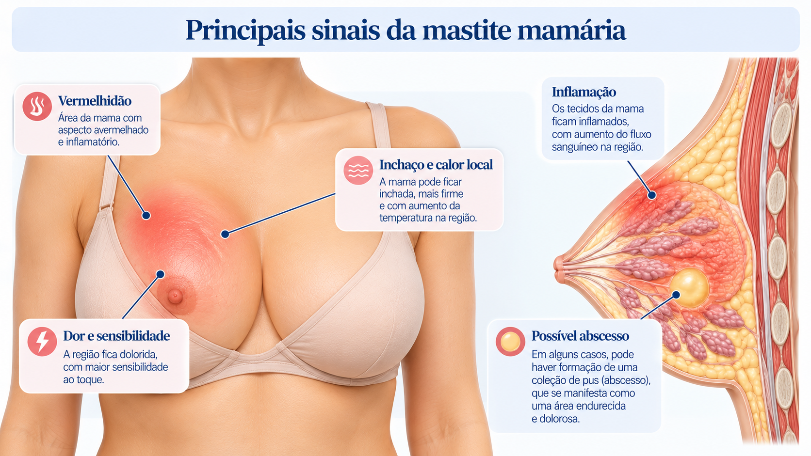 Ilustração médica dos principais sinais da mastite mamária, incluindo vermelhidão, inchaço, dor, calor local e possível formação de abscesso.