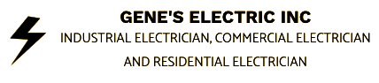Logo for Gene's Electric Inc: Black lightning bolt with text "Gene's Electric Inc" and electrician services.
