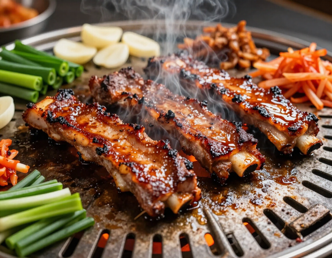 Guests sharing Korean BBQ around a tabletop grill