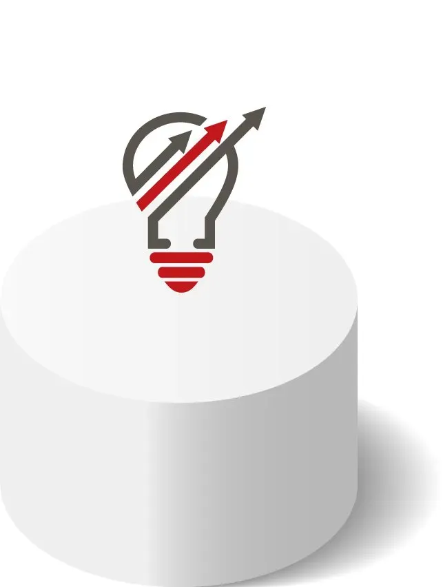 Glühbirnen-Symbol mit rotem Schrägstrich und Pfeil auf grauem Sockel