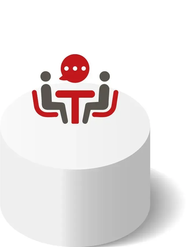 Rotes und graues Chat-Symbol mit zwei Personen an einem Tisch und einer Sprechblase darüber.