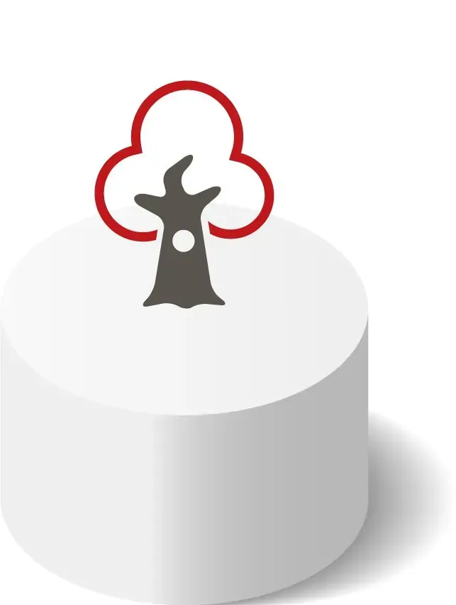Logo mit rot-weißer Wolke und grauer Baumsilhouette auf weißem Zylinder