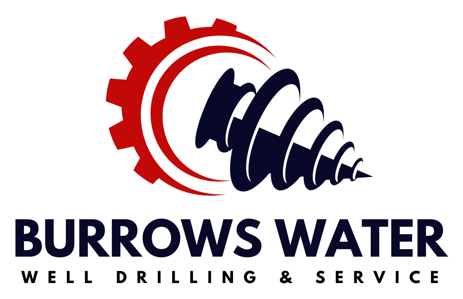 Logo for Burrows Water: red gear, dark blue drill bit, white background,