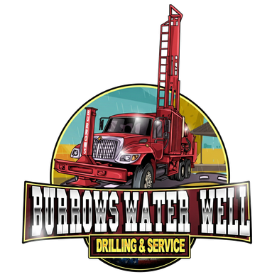 Logo for Burrows Water: red gear, dark blue drill bit, white background, 