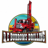 Red drilling truck with "Burrows Water Well Drilling & Service" logo.