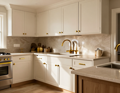 Finished kitchen remodel with gold cabinet hardware