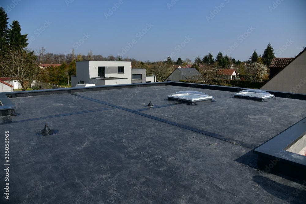 Toit plat noir avec puits de lumière, arbres et maisons en arrière-plan sous un ciel bleu.