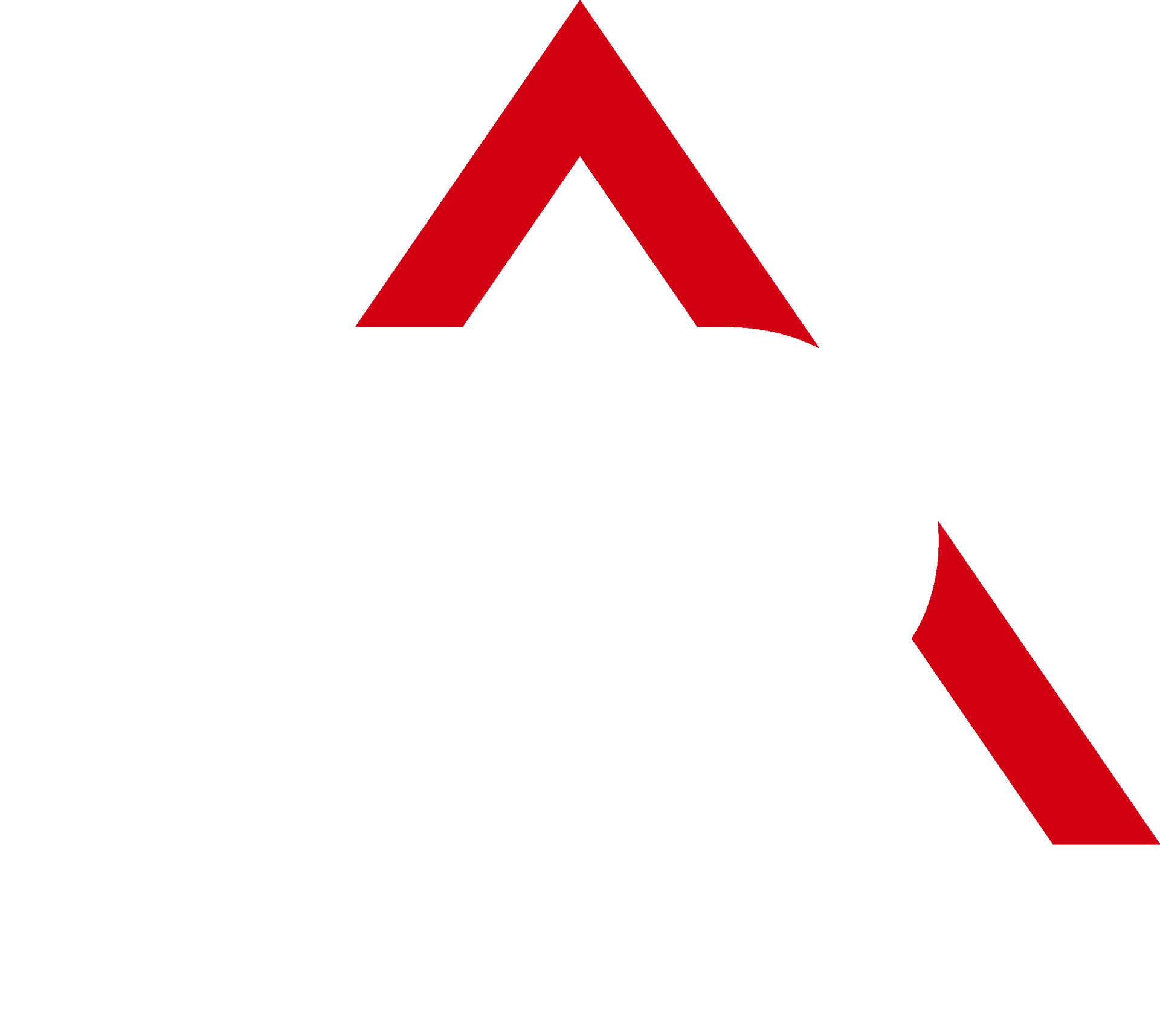 Chevron rouge avec une ligne rouge diagonale sur fond blanc.