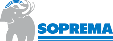 Logo de SOPREMA, une entreprise représentant un éléphant gris devant le mot bleu SOPREMA.