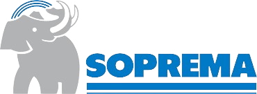 Logo SOPREMA : éléphant gris avec des accents bleus et le nom de la marque en bleu.
