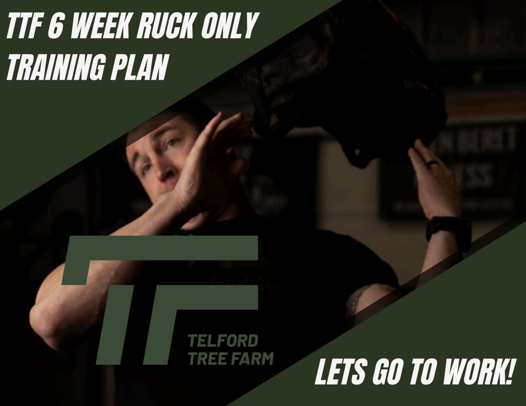 TFT 6-week ruck-only training plan graphic with man lifting a weighted ruck in a gym, “Let’s go to work!”