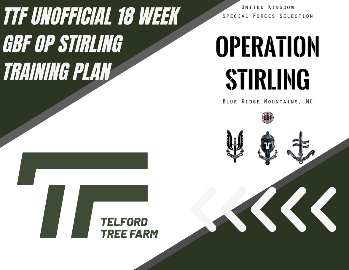 TFF Unofficial 18 Week GBF OP Stirling training plan with Telford Tree Farm logo and military insignia