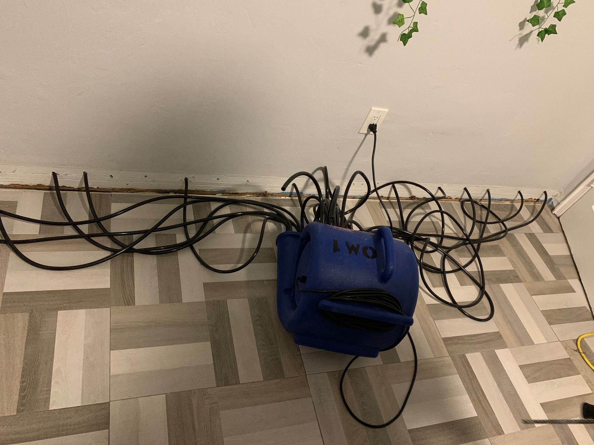 A blue air mover for water damage restoration sits on a tiled floor with several black hoses stretched along the wall.