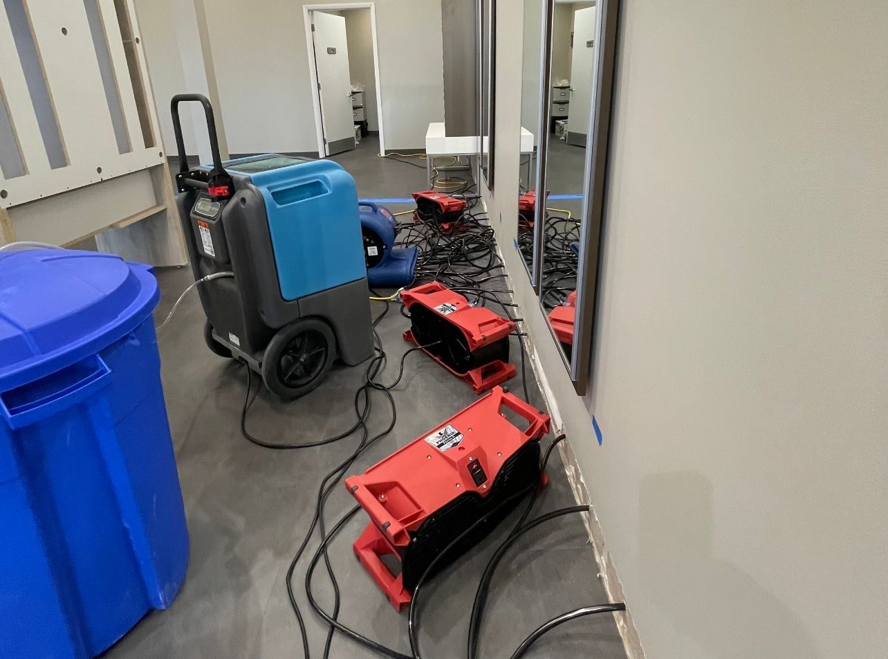 A large blue dehumidifier and two red industrial air movers placed on a floor during a water damage restoration project.