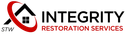Logo for Integrity Restoration Services with a black roof icon circled in red, next to the text in black and red.