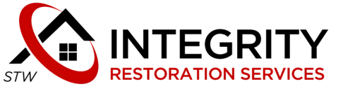 Logo for Integrity Restoration Services with a black roof icon circled in red, next to the text in black and red.