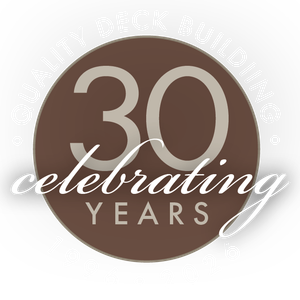 30th anniversary badge with brown circle and “celebrating years” text