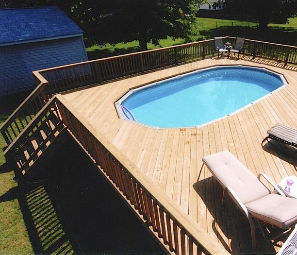 Wooden deck with an above-ground pool, lounge chairs, and a fenced backyard.