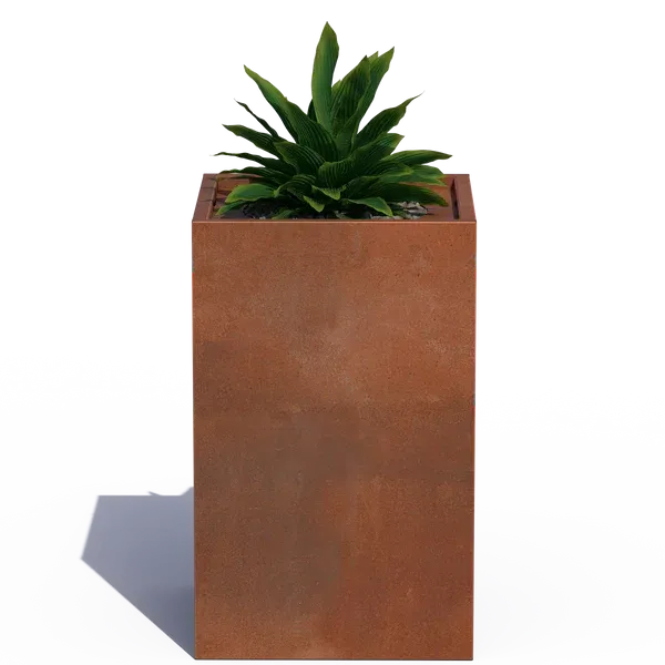 Tall rust-colored planter with a leafy green plant against a white background