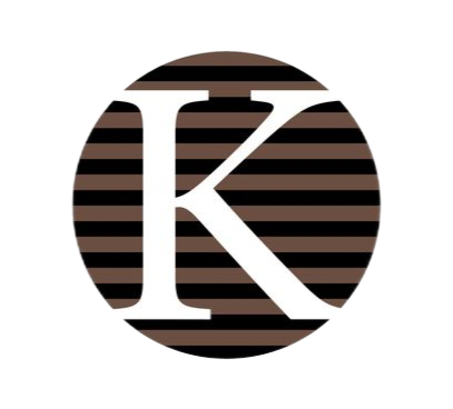 Stylized white K on a black-and-brown striped circle logo