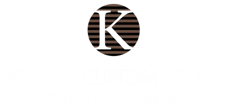 White letter K inside a dark brown striped circle logo on a white background