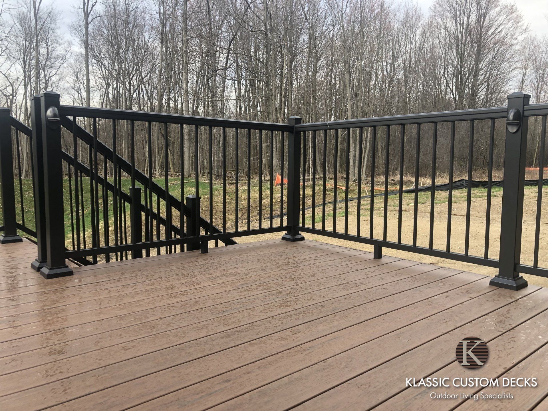 Black metal gate on a wooden deck overlooking a yard with leafless trees