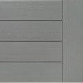 Gray wooden siding with horizontal panel lines and a vertical seam on the right