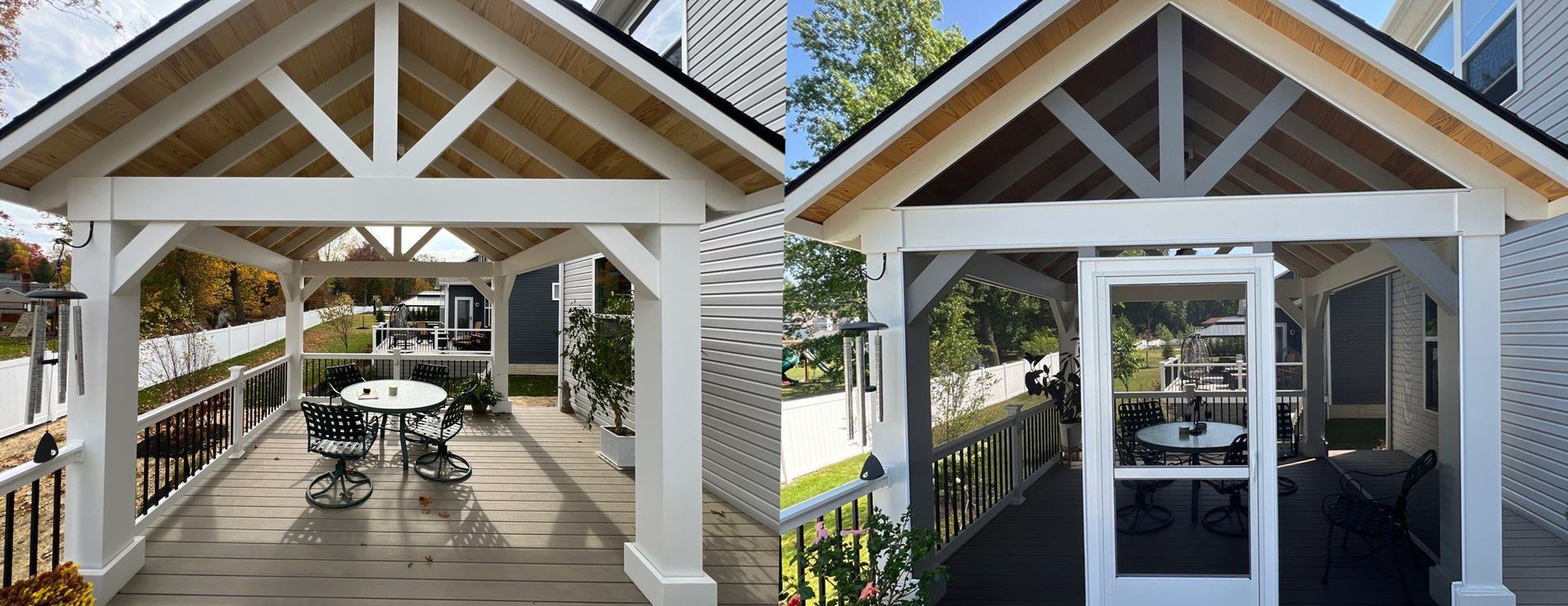Two white outdoor pavilion gazebos, one with tables and chairs on a deck and one with glass doors