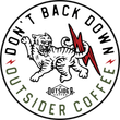 Circular Outside Coffee logo with cat and lightning bolt; text reads “DON’T BACK DOWN OUTSIDE COFFEE.”
