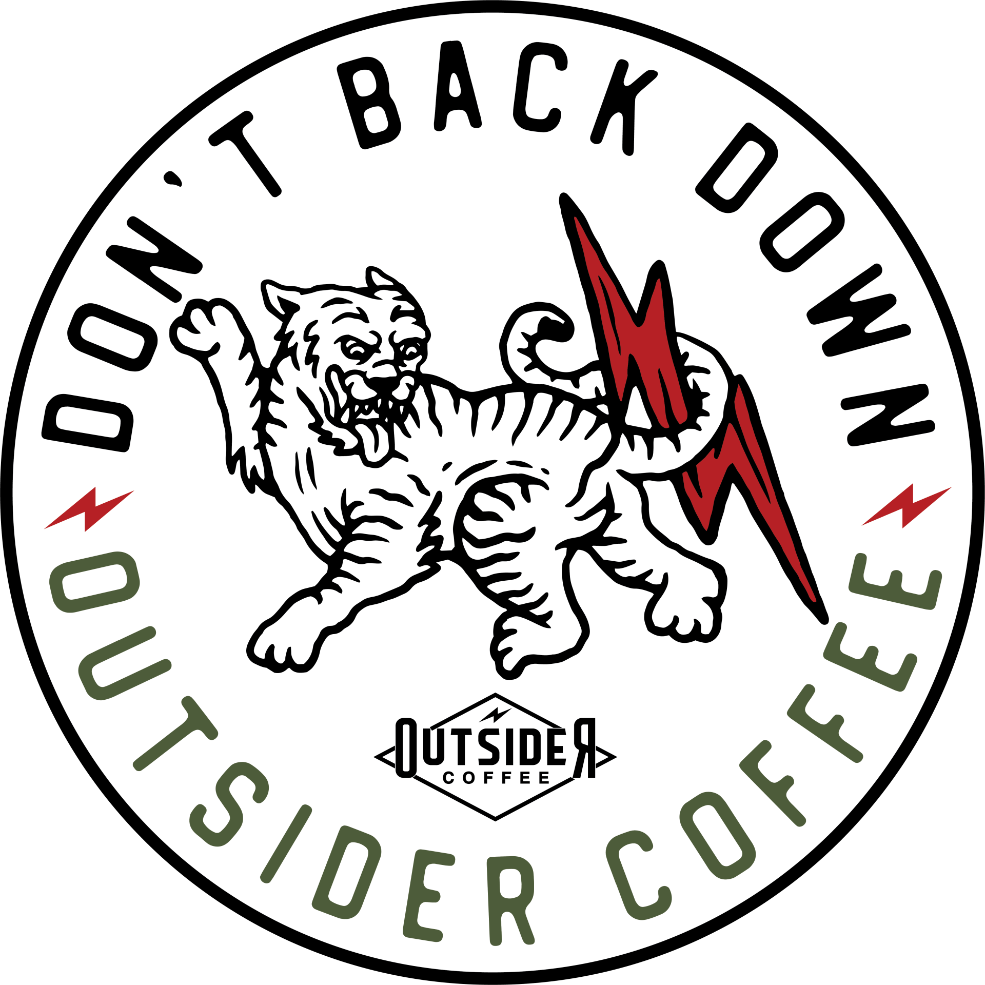 Circular logo with a striped cat and red lightning bolt, reading “Don’t Back Down” and “Outside Coffee.”