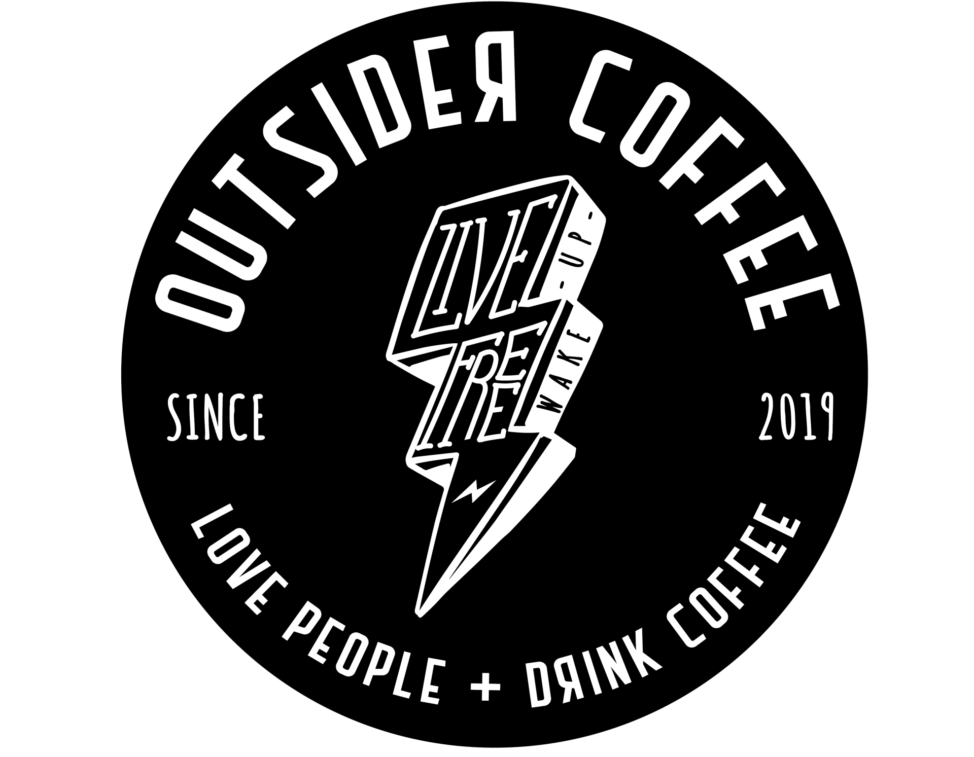 Black-and-white Outside Coffee logo with slogan, lightning bolt, and “Since 2019” text