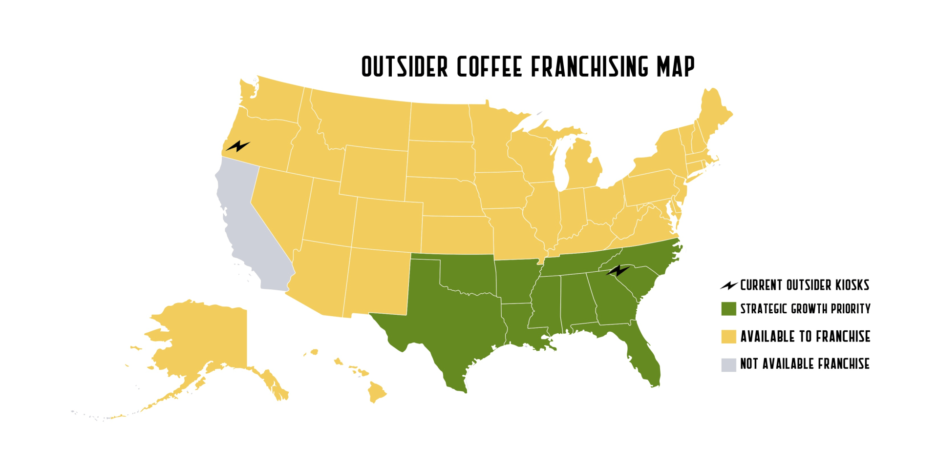 U.S. coffee franchise map with states color-coded by region in yellow, green, and gray.