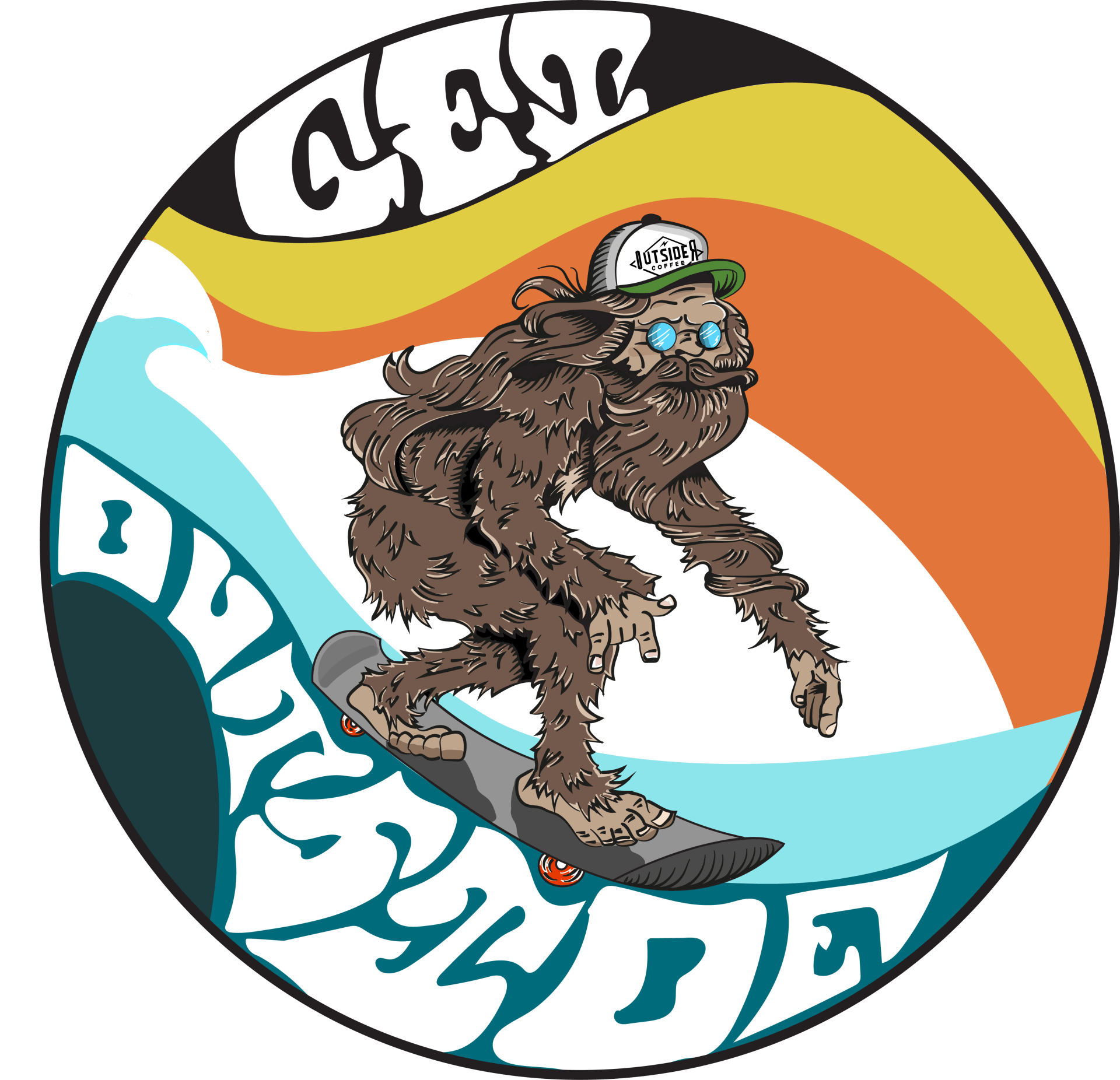 Circular logo of Bigfoot snowboarding on a yellow, orange, and white wave background with blue lettering