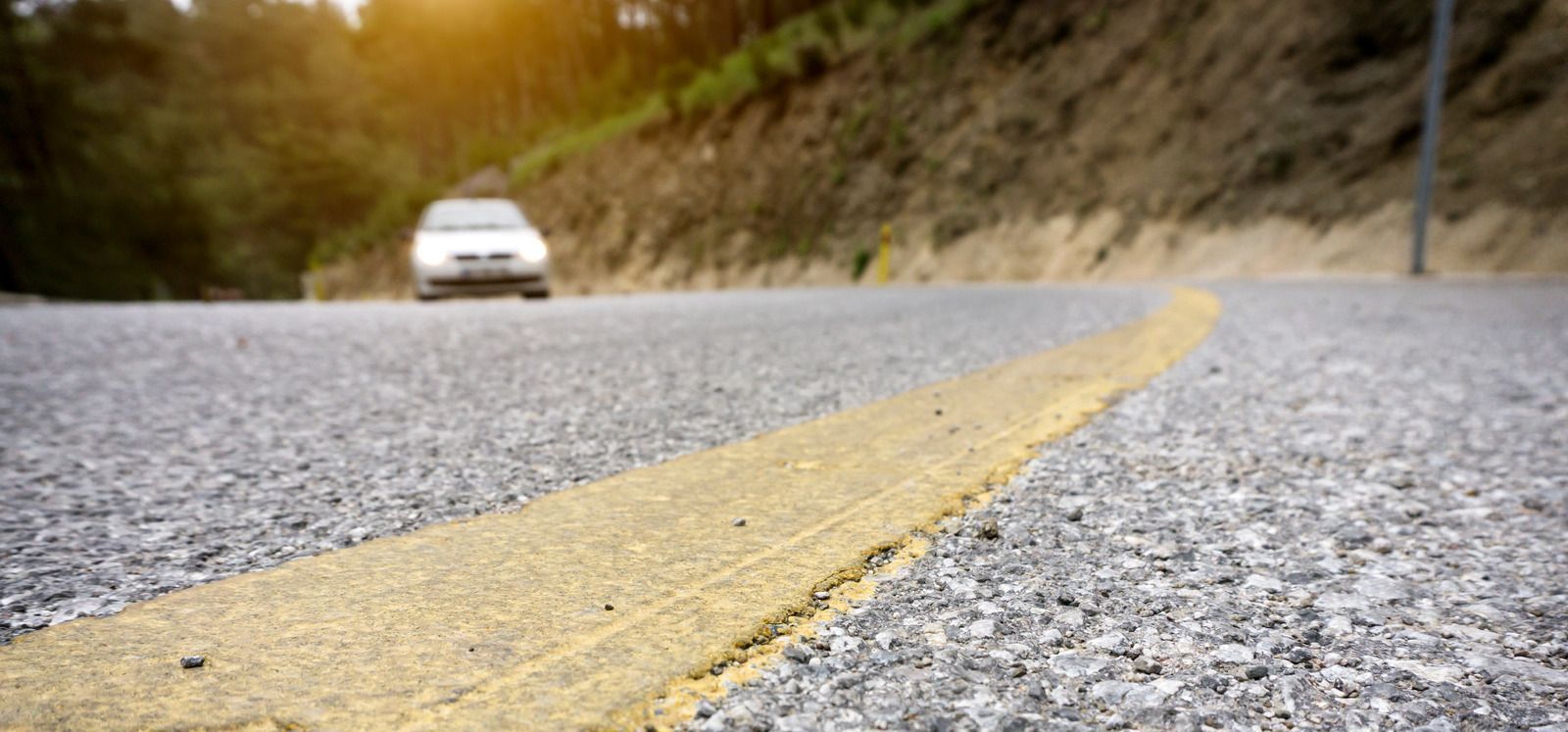 A yellow line curves along a gray asphalt road. A car is blurred in the background, with trees and sunlight.
