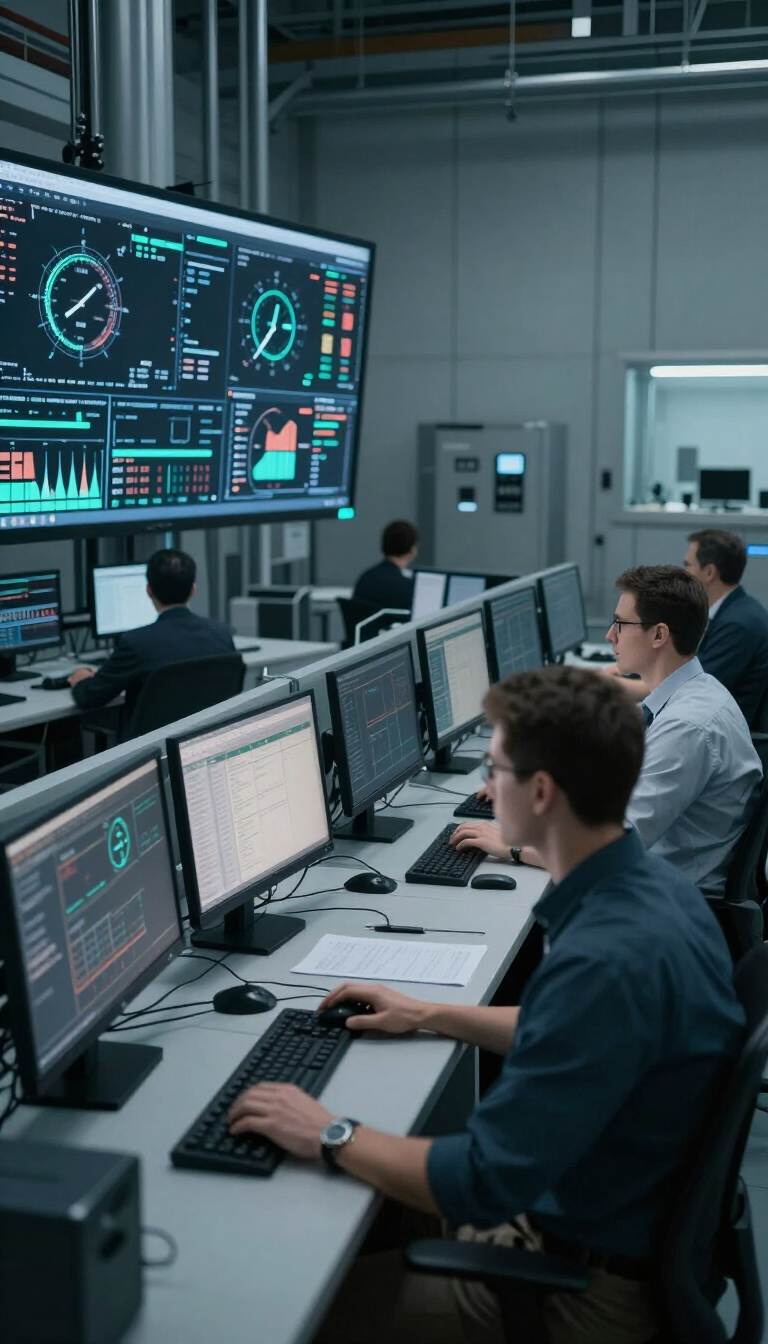 Industrial control room with blue-tinted ambient lighting and operators at workstations
