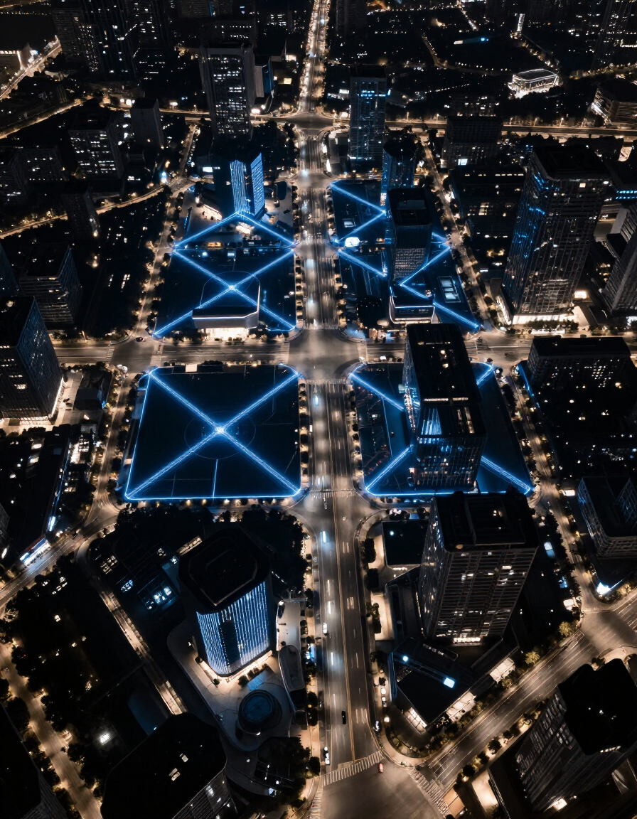 Aerial night view of smart city with illuminated grid roads and blue-lit infrastructure