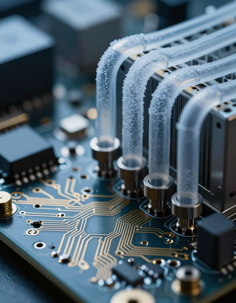 Macro photograph of quantum computing hardware with cryogenic cooling and golden circuit traces