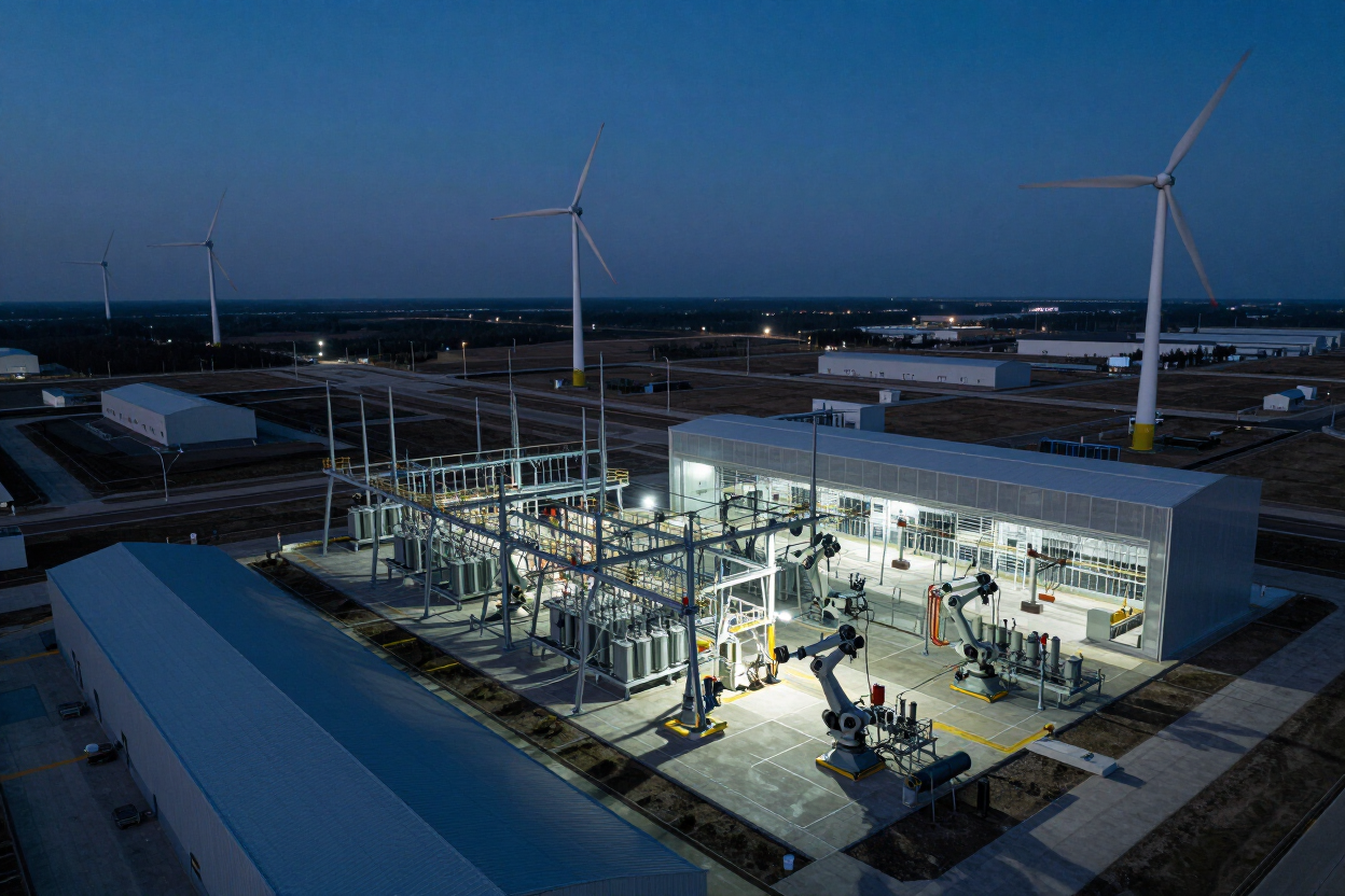 Industrial complex and smart infrastructure at dusk