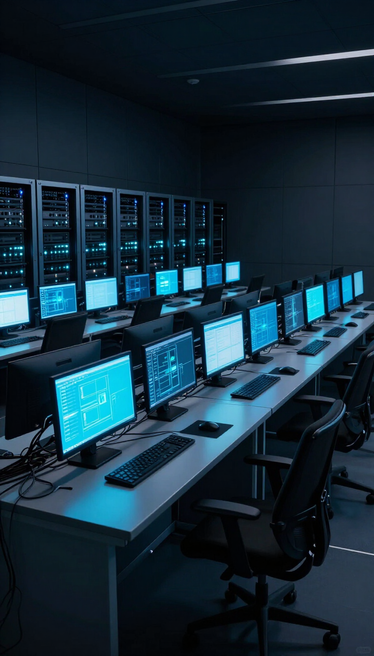 Modern IIoT operations center with glowing blue-cyan monitor arrays