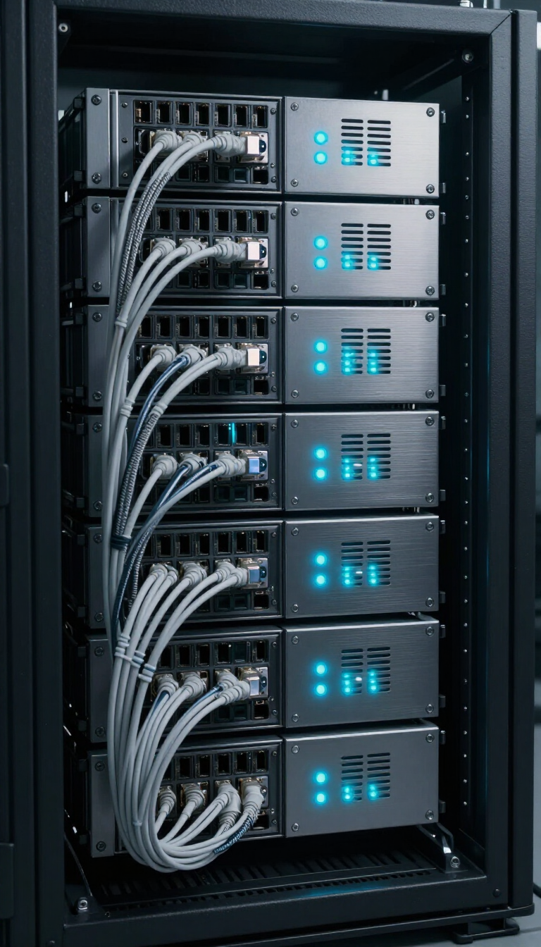 Rack-mounted industrial edge computing installation with fiber cables and blue-cyan LEDs