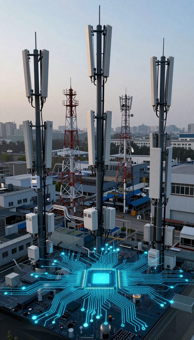 Dense industrial wireless environment with antenna towers and RF infrastructure