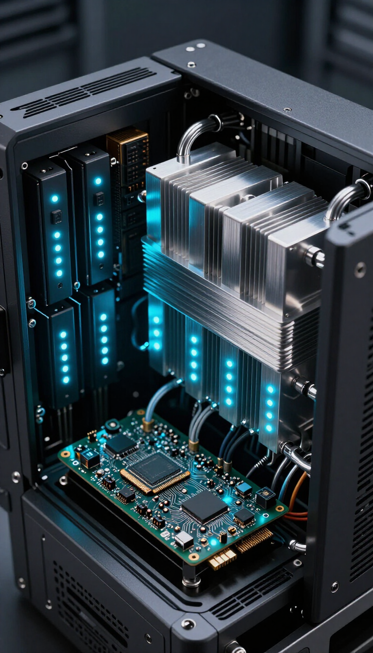 Advanced AI compute hardware with GPU arrays and glowing blue-cyan LEDs
